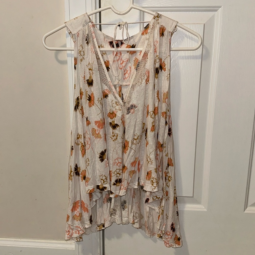 Free People floral deep v-neck tie front tank top